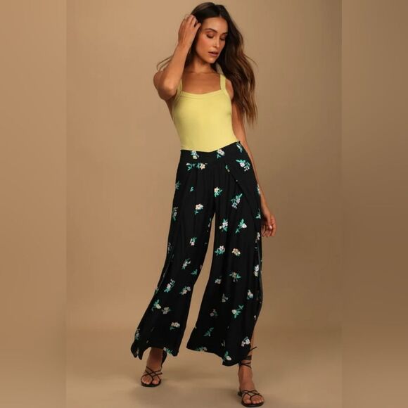 Billabong Wandering‎ Soul Black Floral Print Wide Leg Pants - Picture 1 of 10